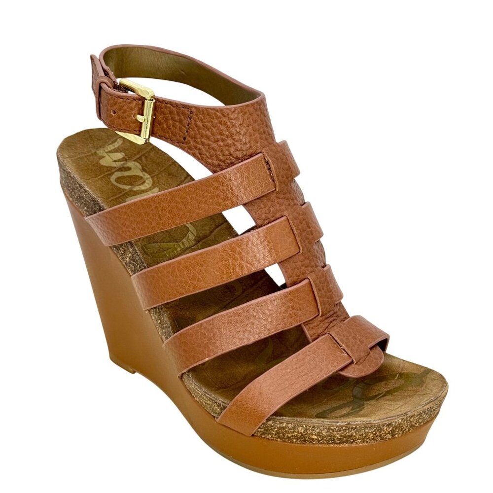Sam Edelman Brown Nayla Leather Cage Strappy Platform Wedge Sandals Size 7.5